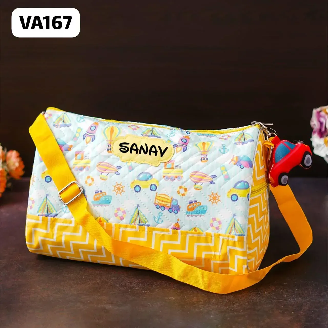 Personalized Yellow Car Theme Duffle Bag with 3D Toy Keychain