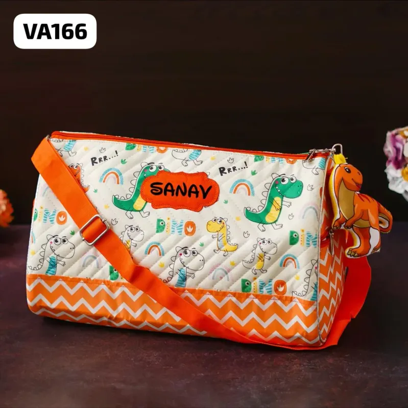 Personalized Dinosaur Orange Theme Duffle Bag with 3D Toy Keychain