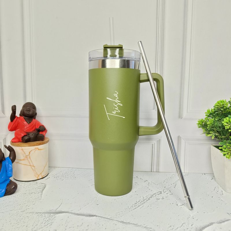 Personalized Olive Green Stanley Tumbler with Steel Straw ( 1200 ml )