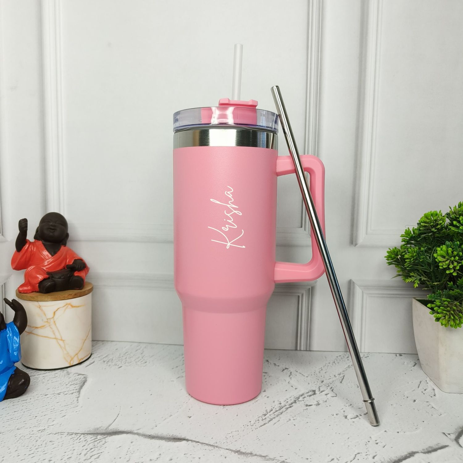 Personalized Light Pink Stanley Tumbler With Steel Straw ( 1200 ml )
