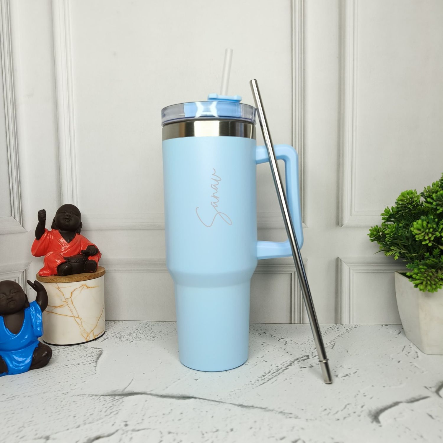 Personalized Light Blue Stanley Tumbler with Steel Straw( 1200 ml )