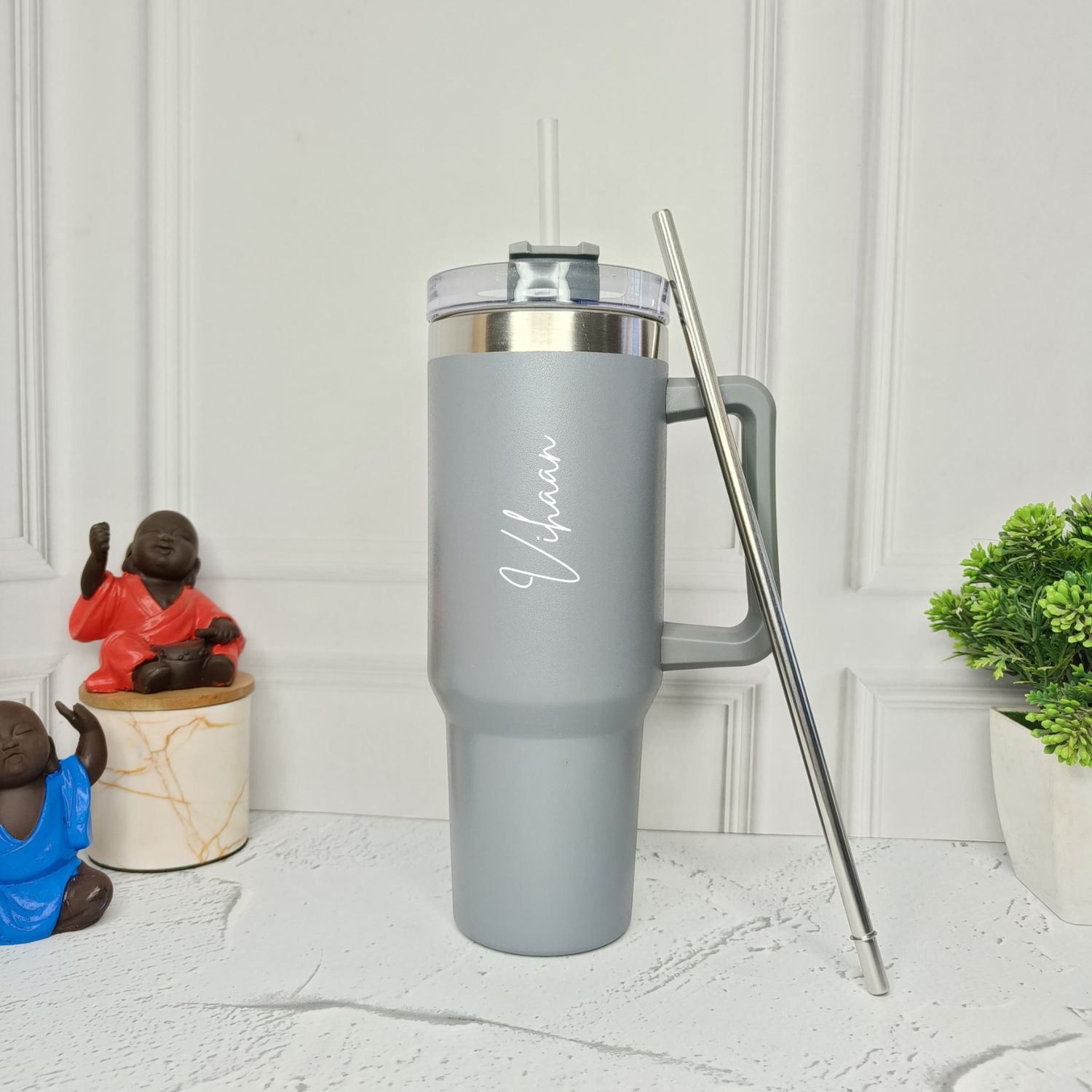 Personalized Grey Stanley Tumbler with Steel Straw( 1200 ml )