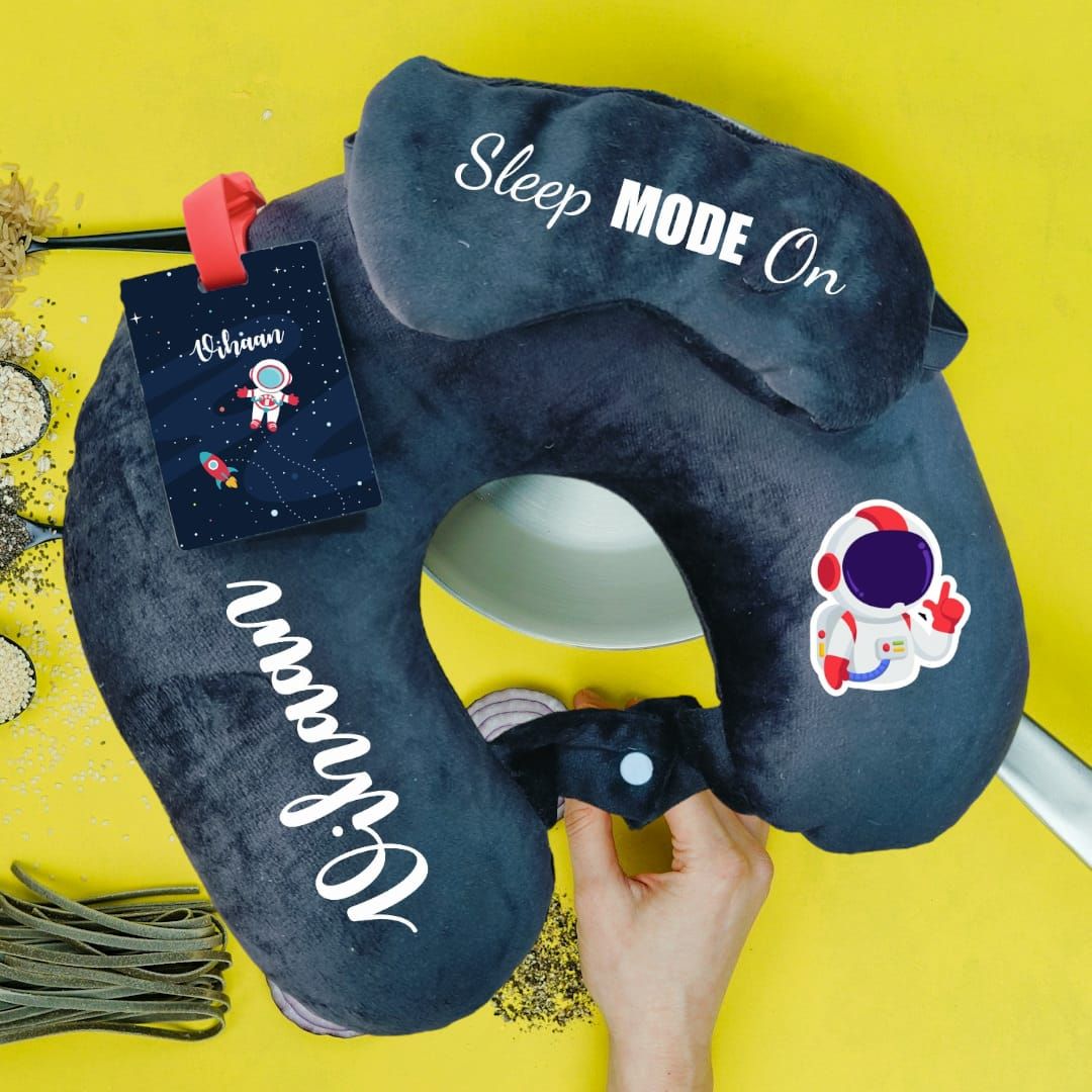 Black Personalized Kids Travel Combo - Neck Pillow, Eye Mask and Luggage Tags