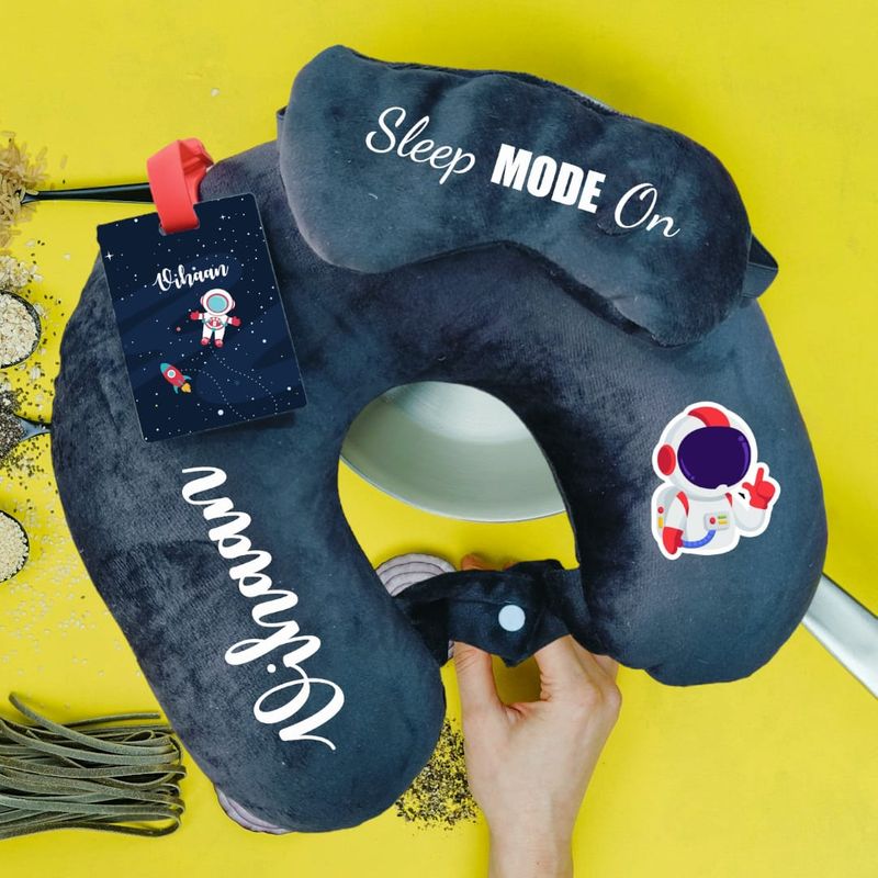 Black Personalized Kids Travel Combo - Neck Pillow, Eye Mask and Luggage Tags