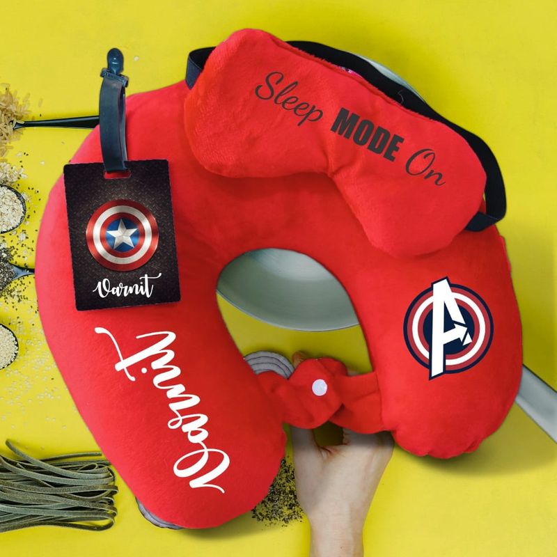 Red Personalized Kids Travel Combo - Neck Pillow, Eye Mask and Luggage Tags
