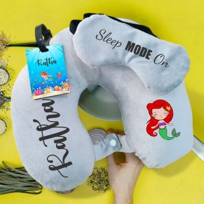 Grey Customized Kids Travel Combo - Neck Pillow, Eye Mask and Luggage Tags