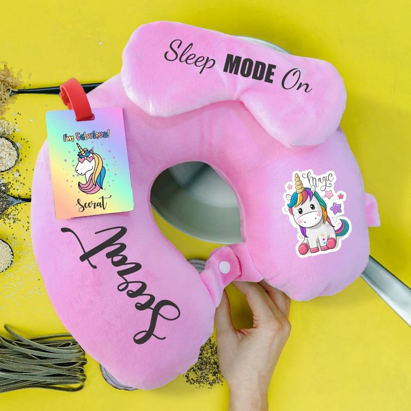 Pink Customized Kids Travel Combo - Neck Pillow, Eye Mask and Luggage Tags