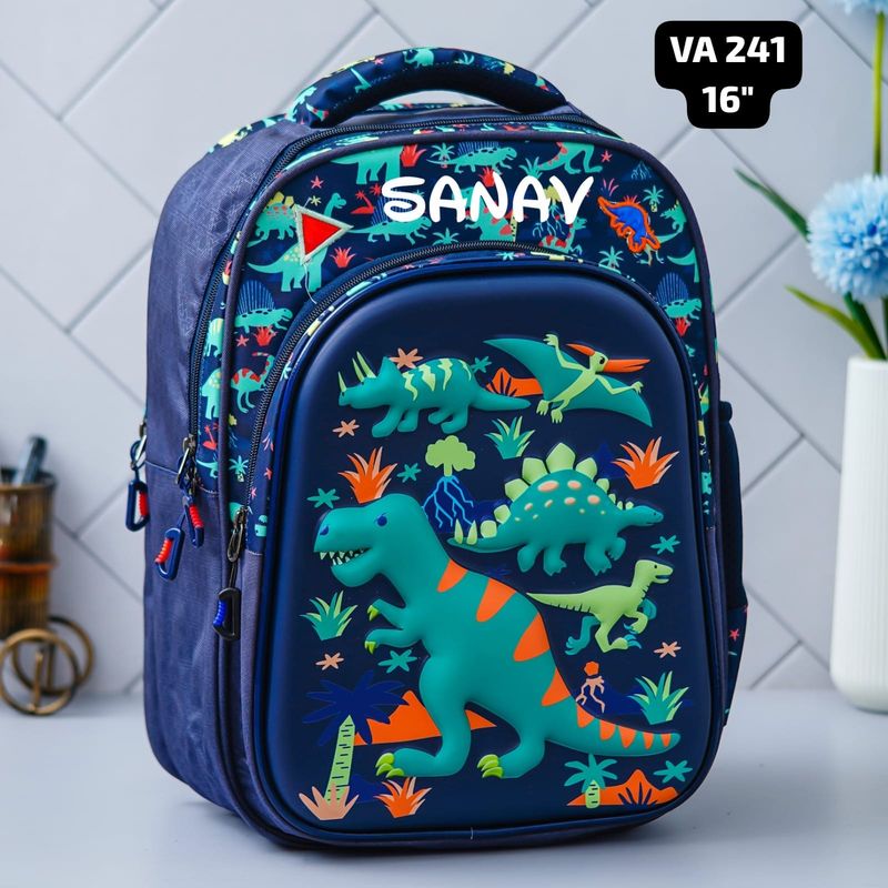 Personalized Navy Blue Dinosaur Themed 3D School Bag (16 inches)