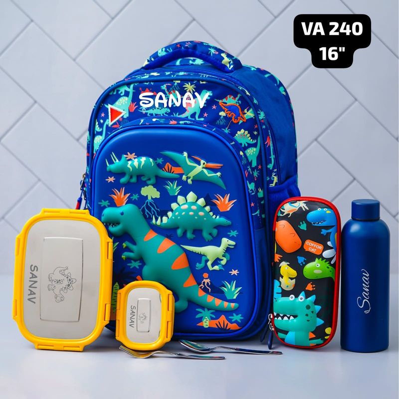 Personalized Royal Blue Dinosaur Themed 3D School Bag (16 inches)