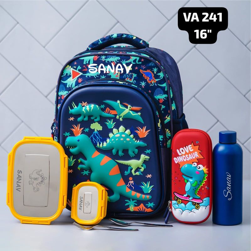 Personalized Navy Blue Dinosaur Themed 3D School Bag (16 inches)