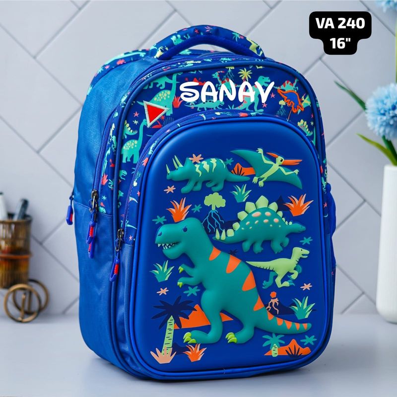 Personalized Royal Blue Dinosaur Themed 3D School Bag (16 inches)