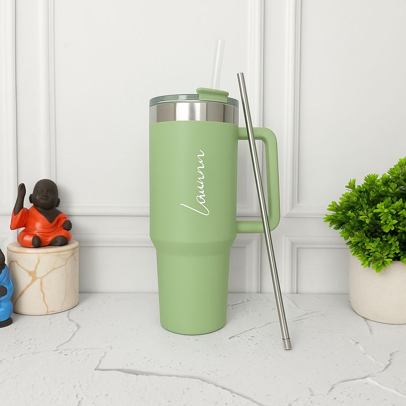 Personalized Light Green Stanley Tumbler With Steel Straw ( 1200 ml )