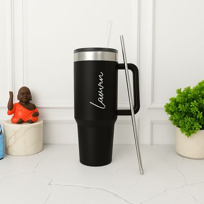 Personalized Matte Black Stanley Tumbler with Steel Straw ( 1200 ml )