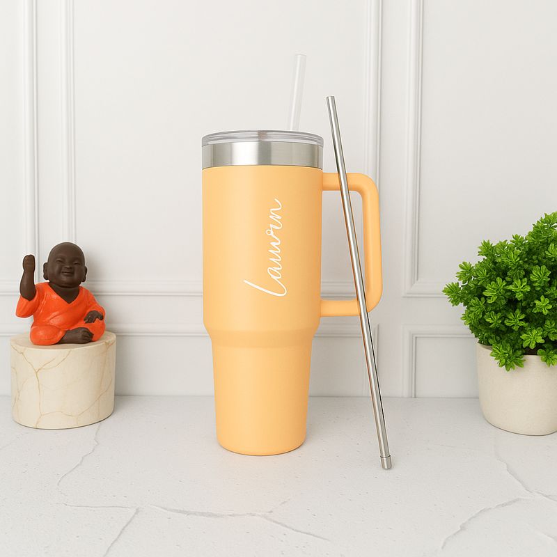 Personalized Apricot Orange Stanley Tumbler With Steel Straw ( 1200 ml )