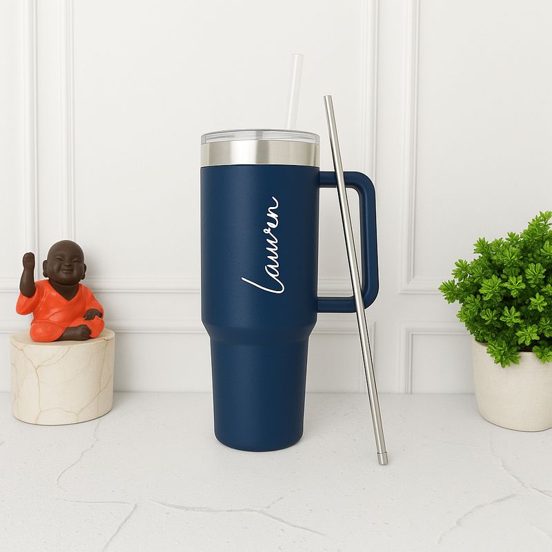 Personalized Navy Blue Stanley Tumbler with Steel Straw ( 1200 ml )