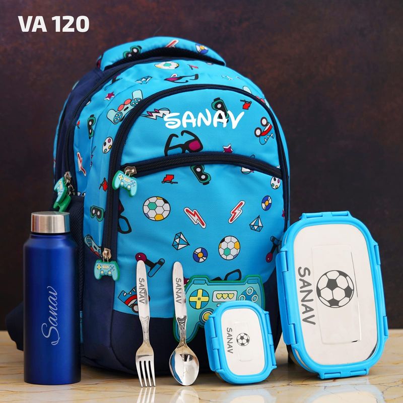Personalized Premium Kids School Bag - Blue Games Theme (16 inches)