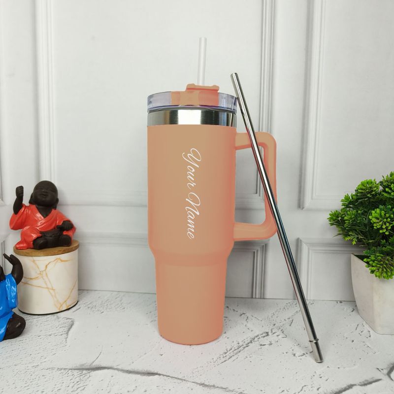 Personalized Tan Brown Tumbler with Steel Straw ( 1200 ml )
