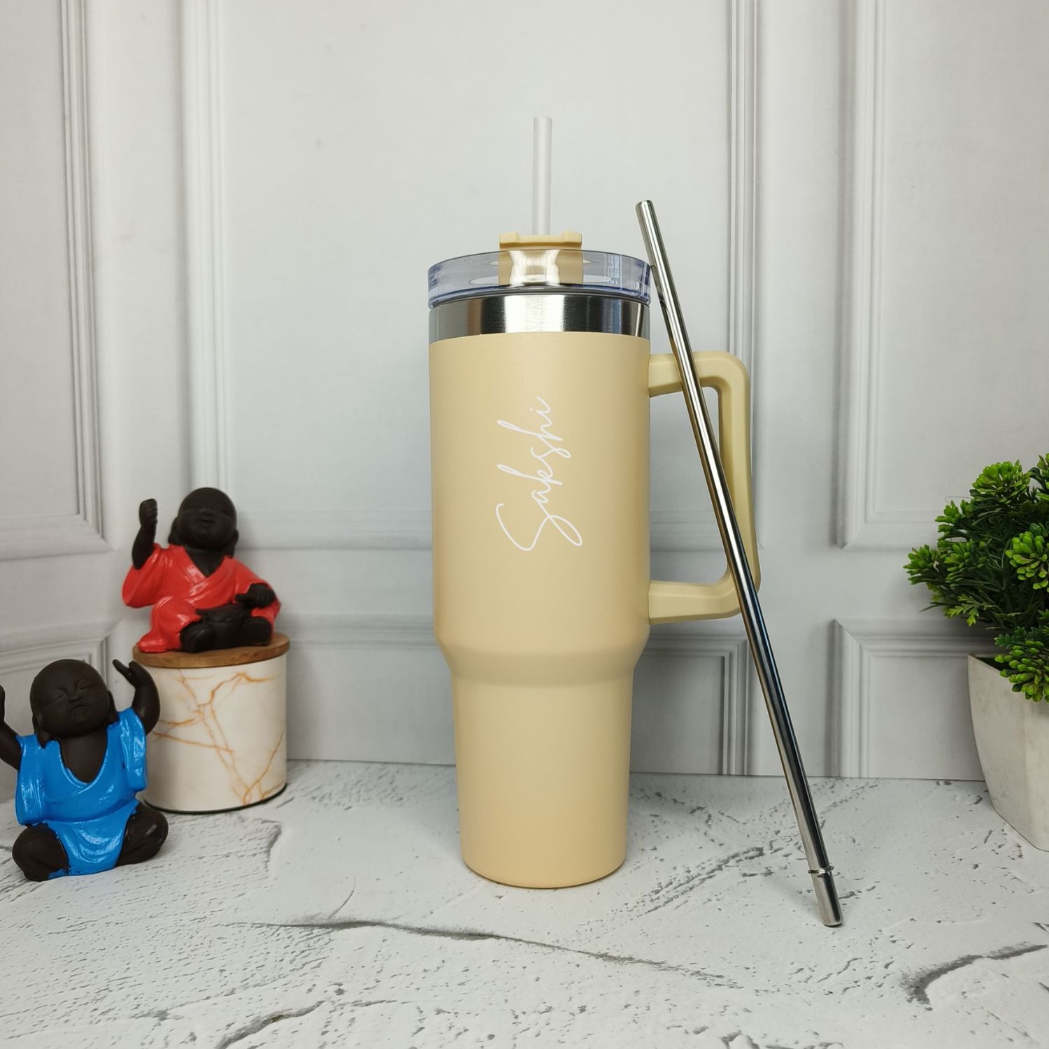 Personalized Cream Tumbler with Steel Straw ( 1200 ml )