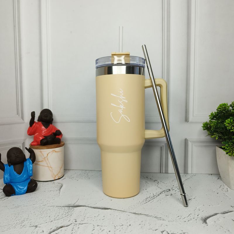 Personalized Cream Tumbler with Steel Straw ( 1200 ml )