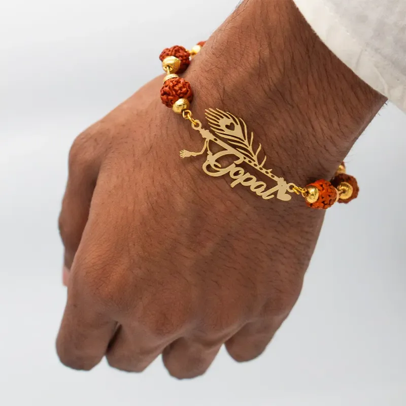 Personalized Name Cut Morpankh Rakhi with Rudraksha