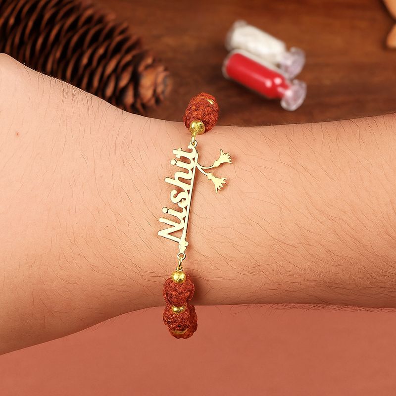 Personalized Flute Name Cut Rakhi with Rudraksha