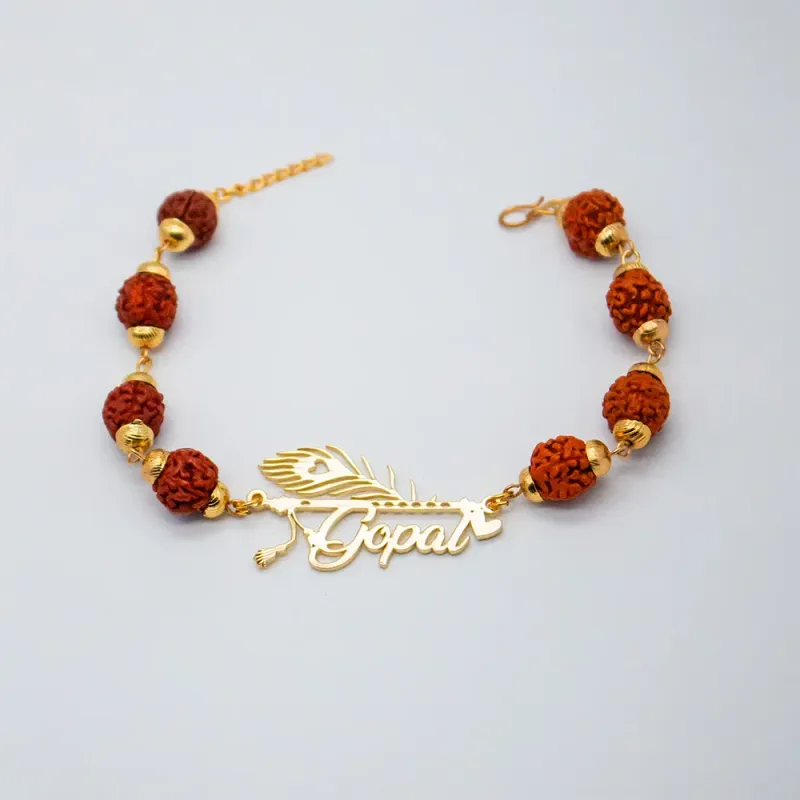 Personalized Name Cut Morpankh Rakhi with Rudraksha