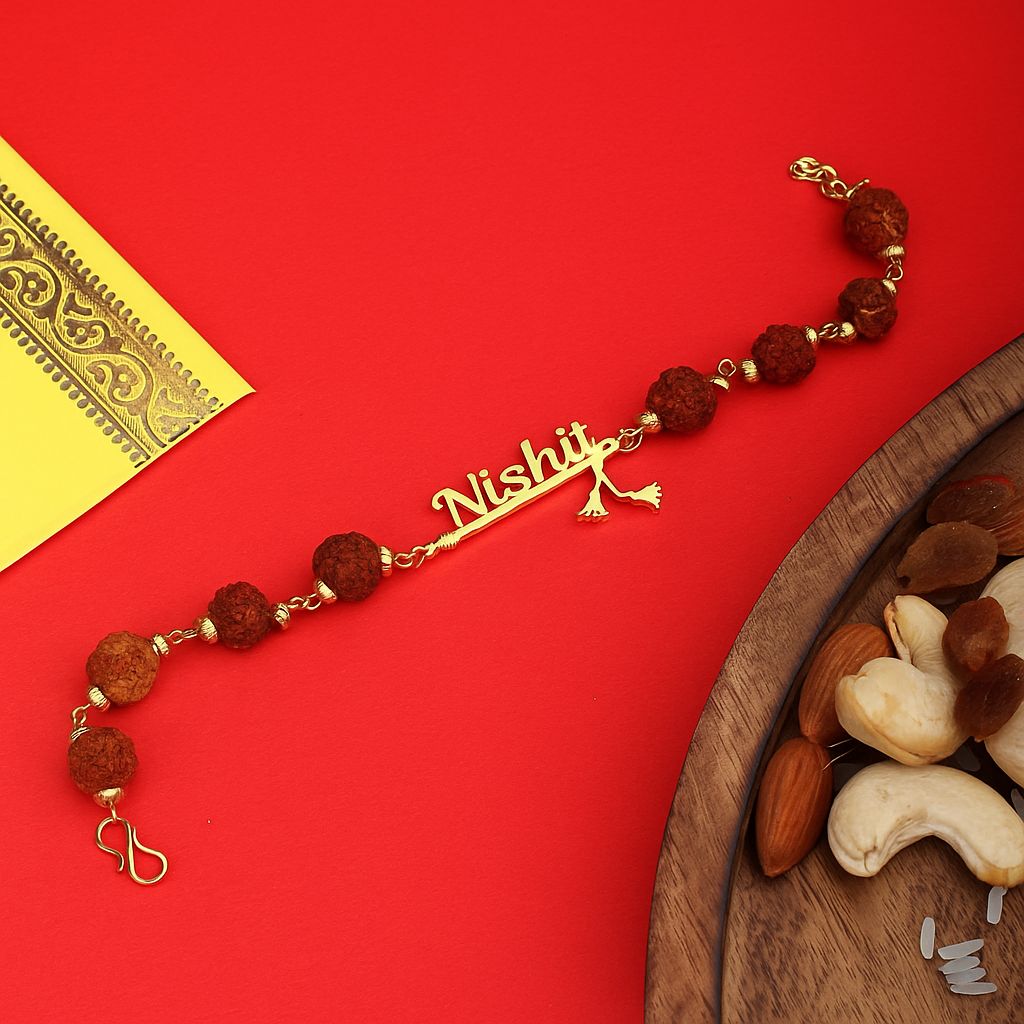 Personalized Flute Name Cut Rakhi with Rudraksha