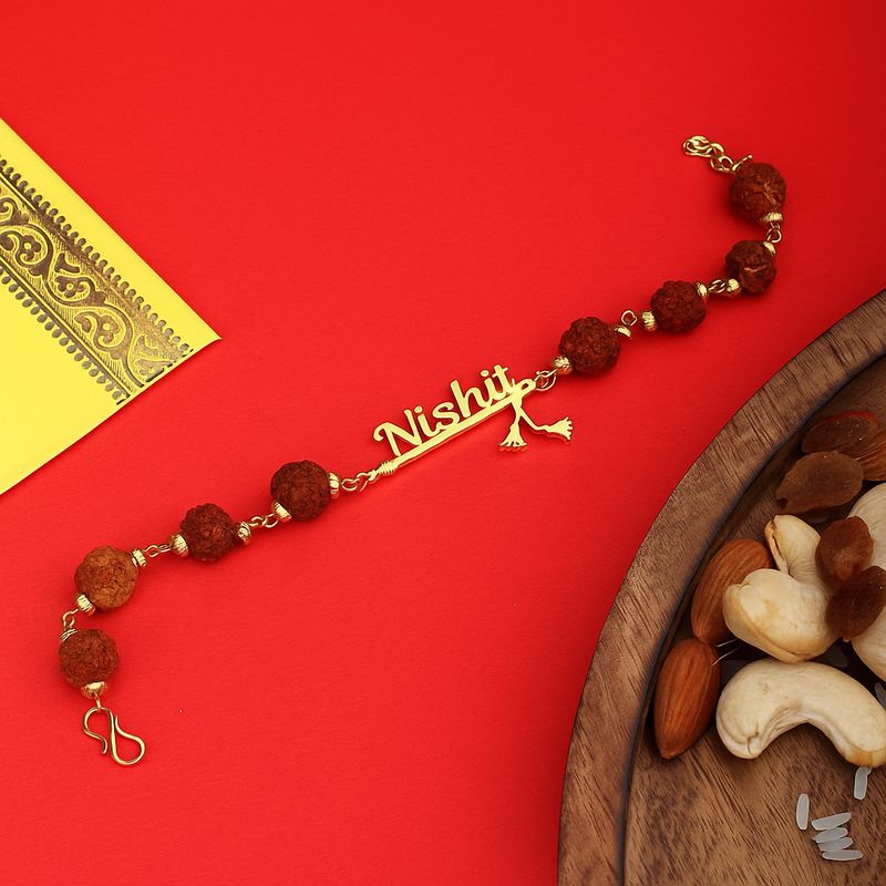 Personalized Flute Name Cut Rakhi with Rudraksha