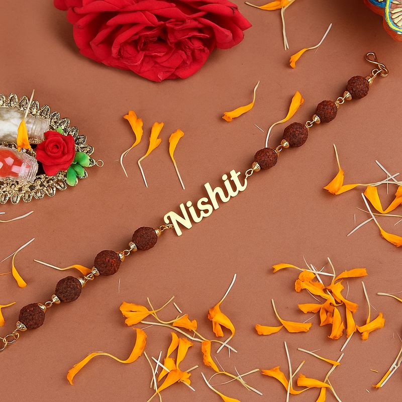 Personalized Name Cut Rakhi with Rudraksha
