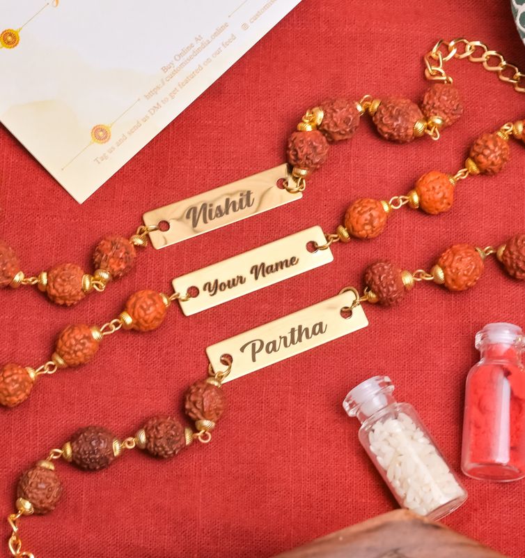 Personalized Metal Rakhi with Rudraksha