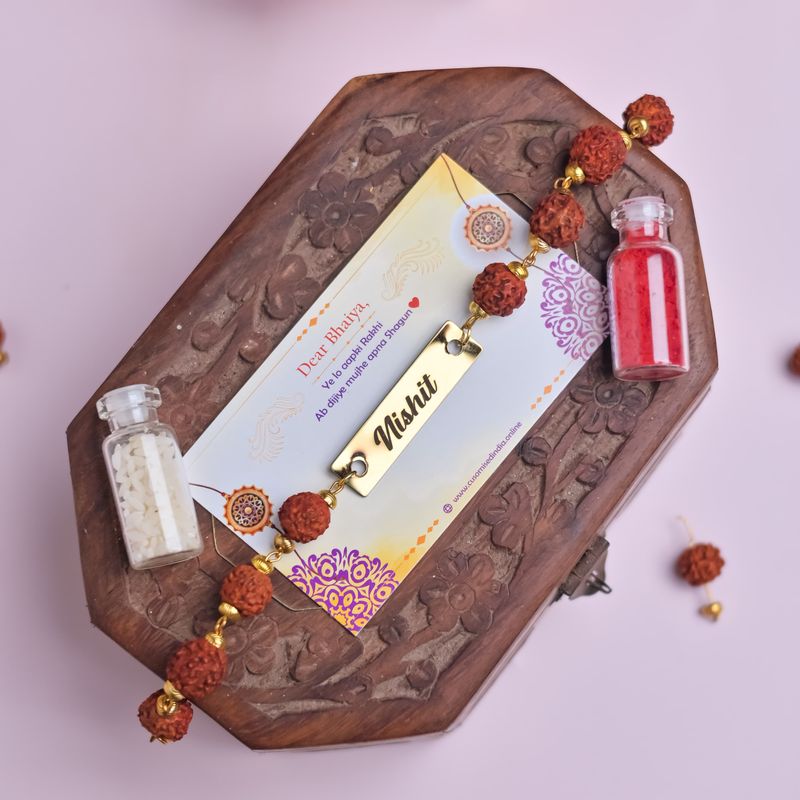 Personalized Metal Rakhi with Rudraksha