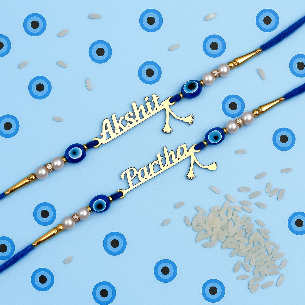 Personalized Flute Name Cut Rakhi with Evil Eye