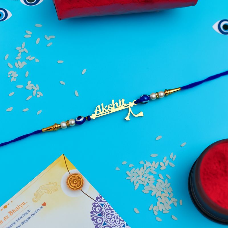 Personalized Flute Name Cut Rakhi with Evil Eye