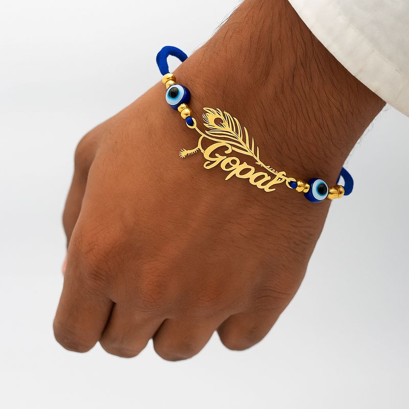 Personalized Evil Eye Name Cut Rakhi with Morpankh