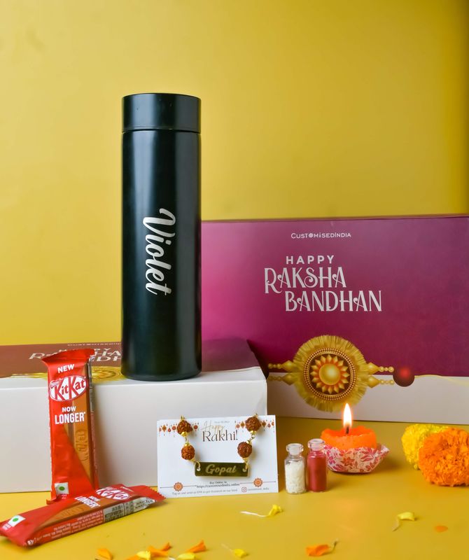 Black Temperature Bottle and Rakhi Combo