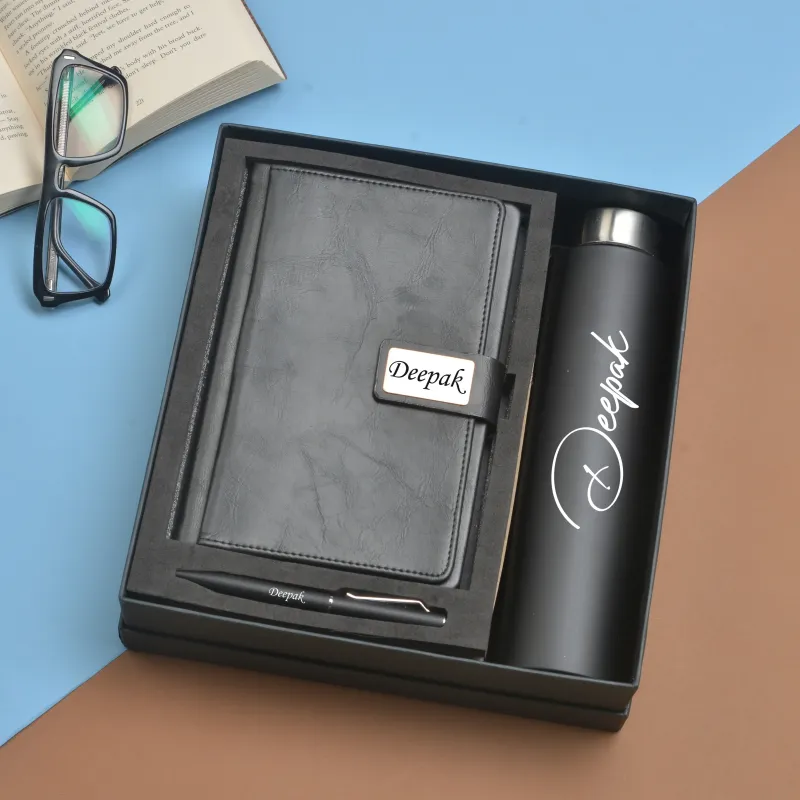 Black Customised Diary, Bottle &amp; Pen Combo