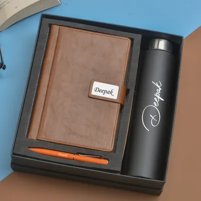 Brown Customised Diary, Bottle &amp; Pen Combo