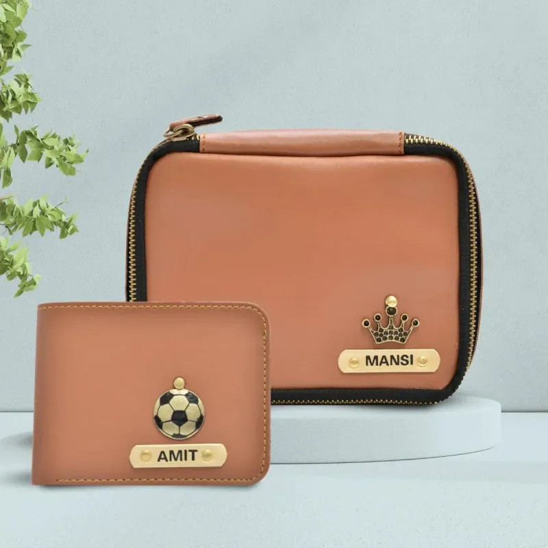 Tan Personalized Couple&#39;s Combo : Makeup Pouch &amp; Men&#39;s Wallet