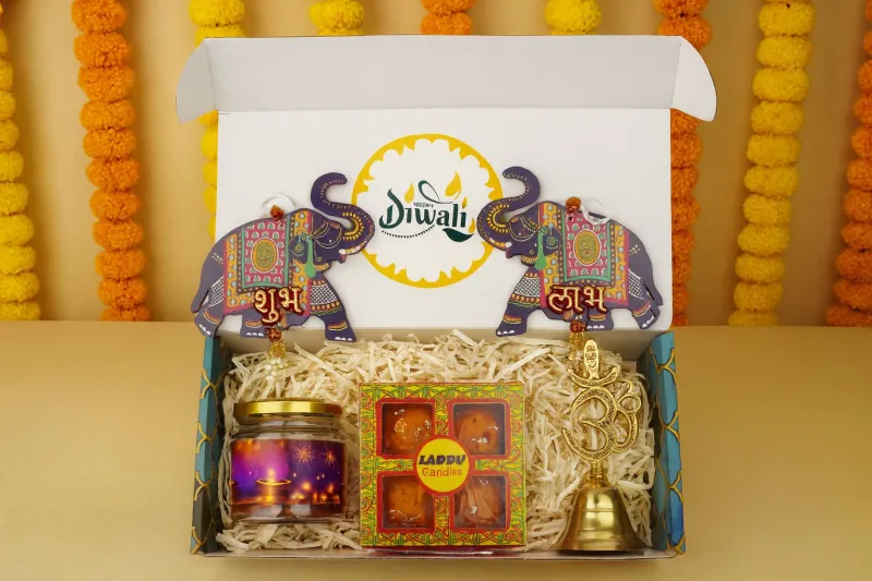 Diwali Hamper Combo 2.0 - 2025 -Shubh Labh Latkan, Om Bell, Almonds &amp; Ladoo Candles – Premium Gift Set