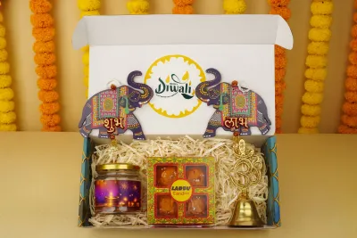 Diwali Hamper Combo 2.0 - 2025 -Shubh Labh Latkan, Om Bell, Almonds &amp; Ladoo Candles – Premium Gift Set
