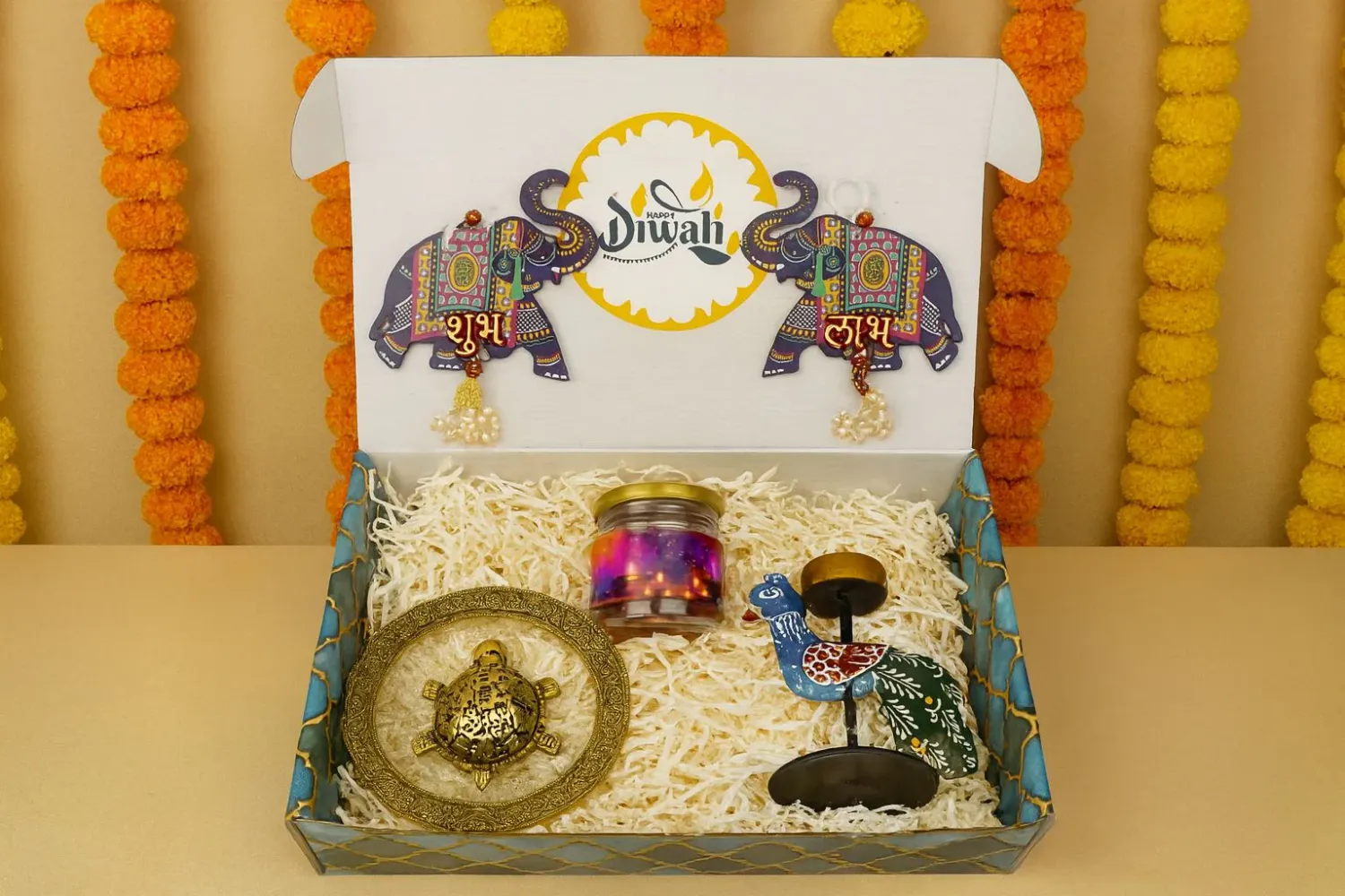 Diwali Combo 3.0 – 2025  | Peacock Tea Candle, Turtle Lucky Charm, Almonds &amp; Shubh Labh Latkan – Premium Gift Set