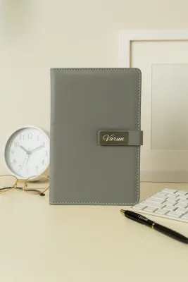 Grey Metal Flip Personalized Leather Diary Grey Metal Flip Personalized Leather Diary