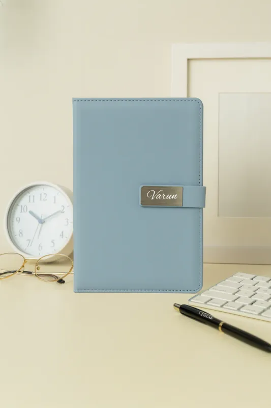 Sky Blue Metal Flip Personalized Leather Diary