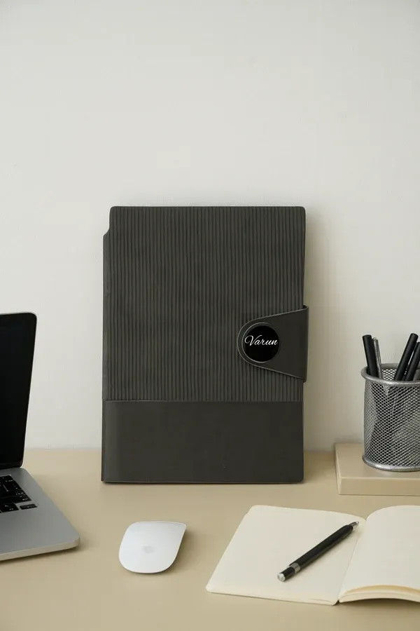 Dark Grey Nexon Leather Metal Flip Personalized Leather Diary