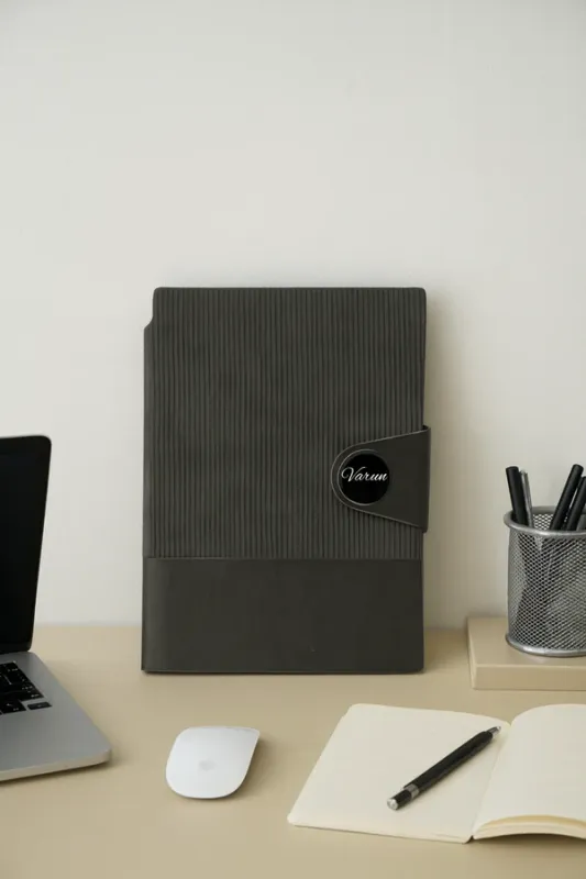 Dark Grey Nexon Leather Metal Flip Personalized Leather Diary