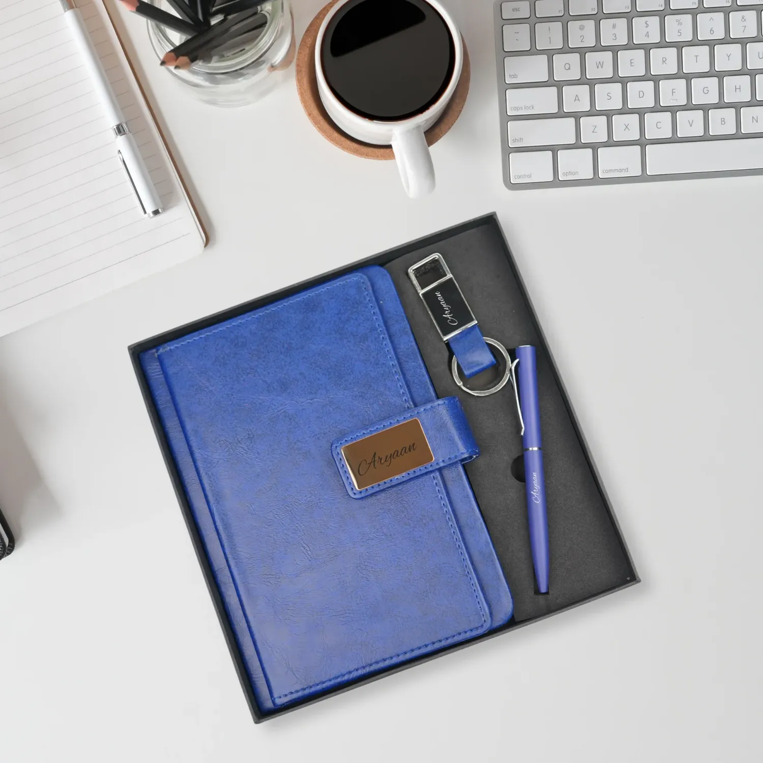 Personalized Blue Executive Diary, Pen, Keychain Combo