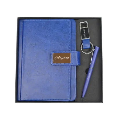 Personalized Blue Executive Diary, Pen, Keychain Combo