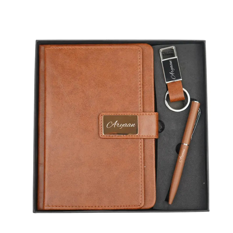 Personalized Brown Executive Diary, Pen, Keychain Combo