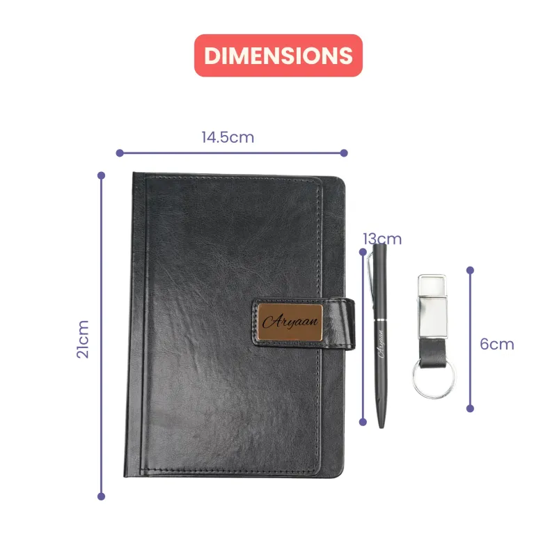 Personalized Black Executive Diary, Pen, Keychain Combo