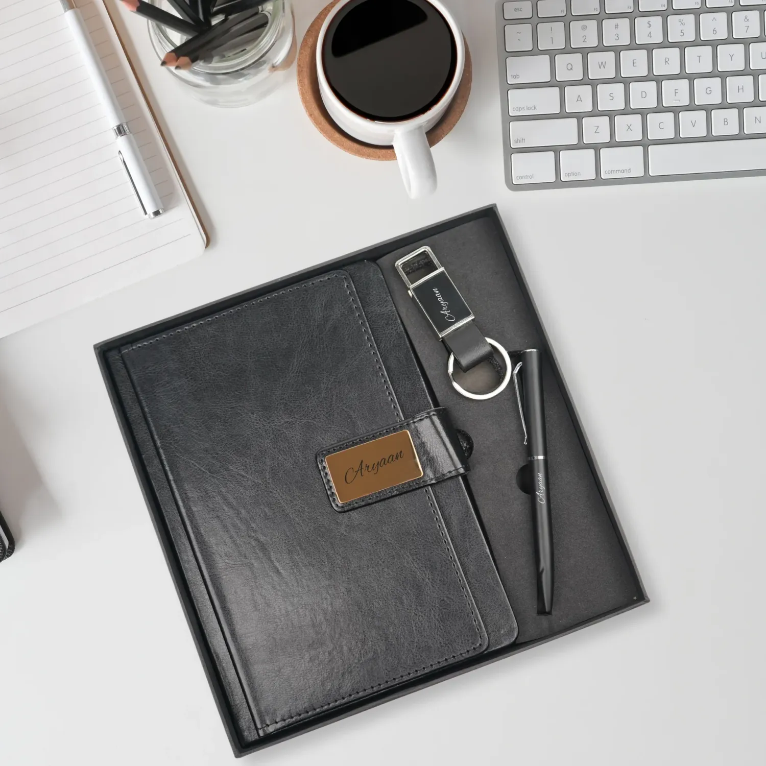 Personalized Black Executive Diary, Pen, Keychain Combo